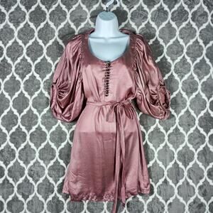 Dawn Sunflower Dress Women Size Medium Pink Metallic Puff Sleeve Belt Mini Sexy